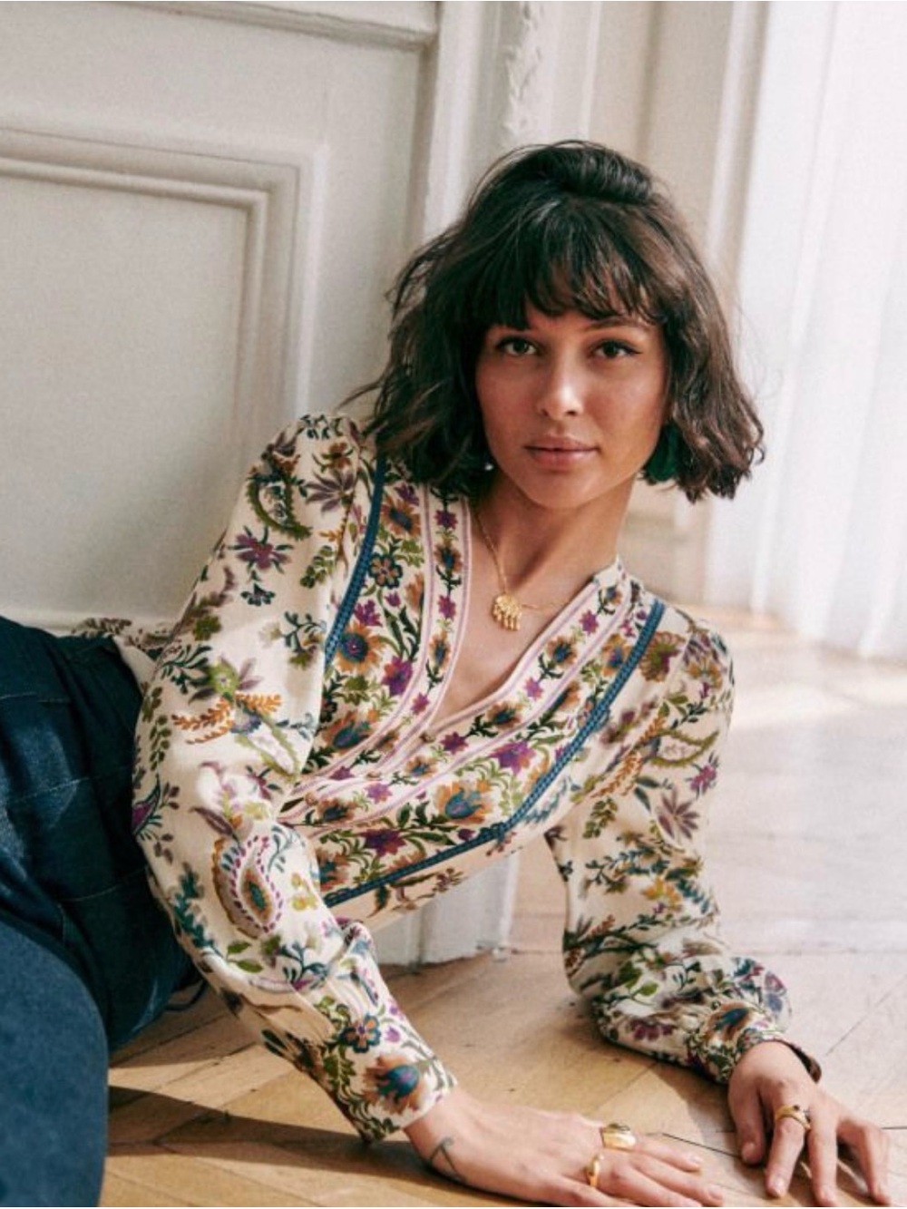 Sezane Tally Blouse in Ecru Floral Arabesque Print (Size 38)